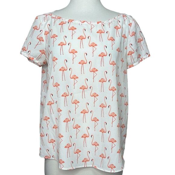 Dalia Flamingo Print Short Sleeve Blouse Size Medium - Picture 1 of 6